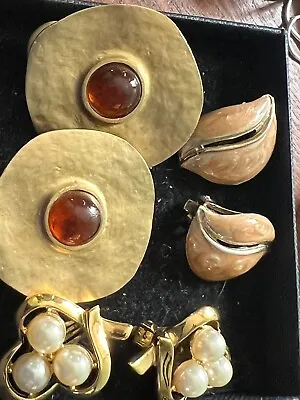 Lot X 3 Pairs Classy Clip-On Earrings-Enamel Named Pearl/Lge Matt Gold +Cabs • £12