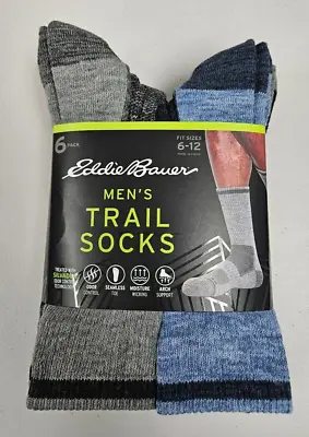 Eddie Bauer Men’s 6 Pairs Trail Socks Arch Support Size 6-12 Antimicrobial BLUE • $20.99