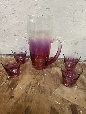 Vintage Cranberry Iridescent Martini Glass Pitcher And 4 Glasses 1950s Barware • $75