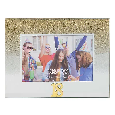 Glass 5'x3.5' Photo Frame With Glitter And Mirror Numbers - 18th Birthday • £6.49