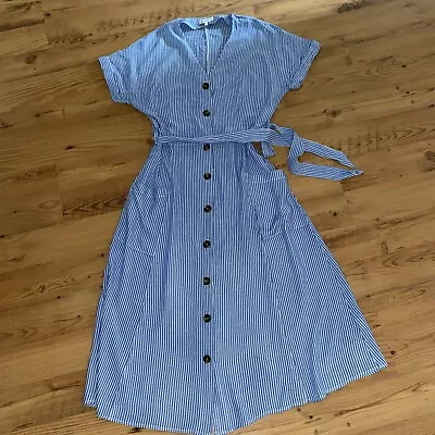 Warehouse Blue/white Stripe Short Sleeve Dress With Pockets & Belt Size 12 • £3.99