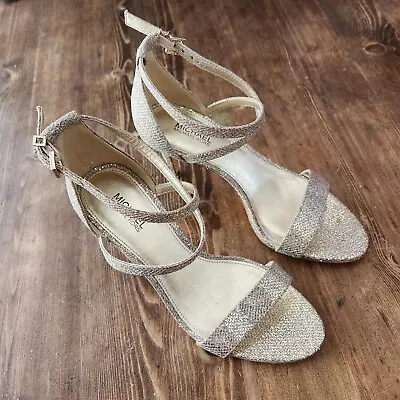 Michael Kors Ava Mid Sandal 3.5  Heels Glitter Mesh Sand/Gold Color 5.5M • $29.99