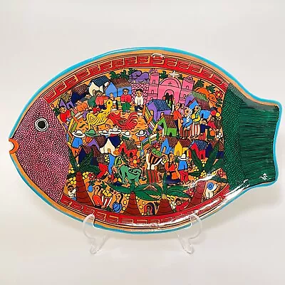 Mexican Folk Art Fish Plate Wall Platter Hand Painted Clay Pottery 14  • $23