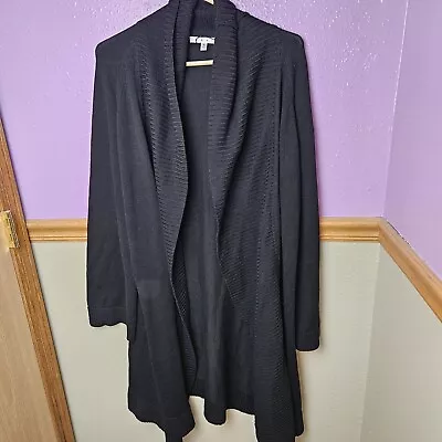 CABI Cardigan 610 Lightweight Black LONG DUSTER SWEATER Ribbed Trim Sz L • $16.99