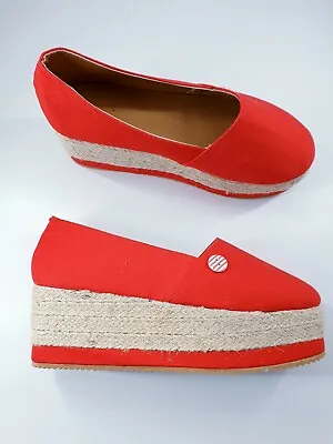 Size 5 (38) Red Canvas Flatform Ballet Pumps Slip On Platform Wedge Espadrilles • £12