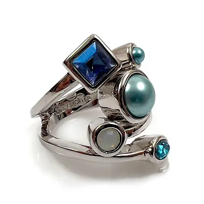 Vintage Lia Sophia COMET Silver Blue Bead Aurora Borealis Crystal Opal Ring • $19.99