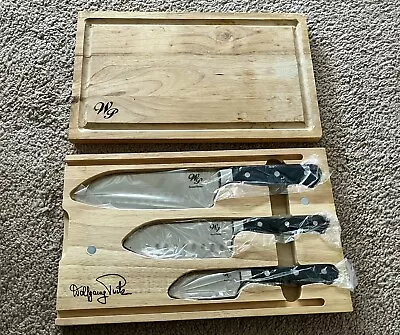 Wolfgang Puck 3pc 3” 5” 7” Chefs Santoku Knife Set & Unused Cutting Board • $40