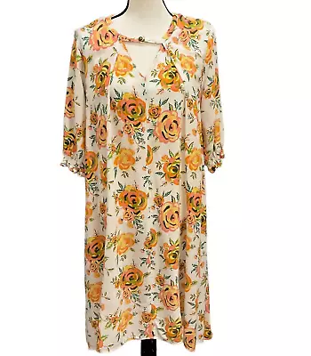 Matilda Jane Womens Dress Size Large Sunday Best Rose Floral White Peach V-Neck • $18.95