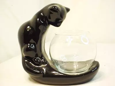 Vtg Black Haegar Pottery Cat Statue Looking In Glass Fish Bowl 8  High Label FrS • $59.99