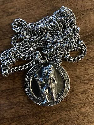 Vintage Sterling Silver  St. Christopher Protect Us Pendant - WEH.SS + 14” Chain • $30