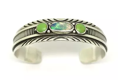 WES CRAIG Navajo Native American Sterling Cuff Bracelet Opal & Green Turquoise • $198.88