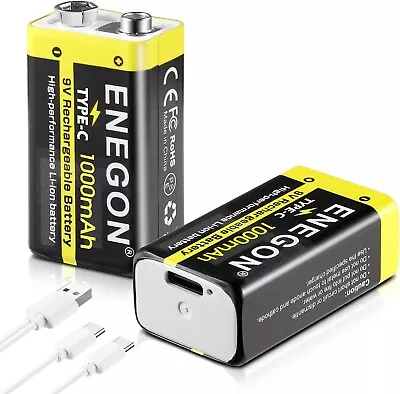 ENEGON 2 Pack 9V Rechargeable Li-Ion Batteries 1000Mah With 2-In-1 USB Charging • $31.99