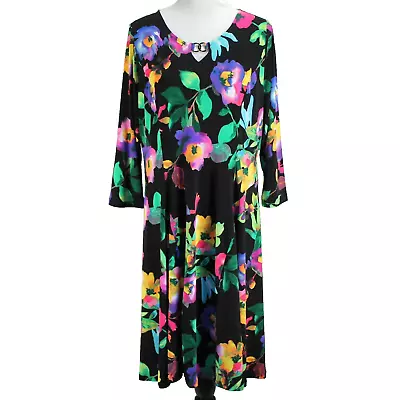 Susan Graver Liquid Knit Dress Womens Size L Black Floral 3/4 Sleeve Fit & Flare • $27.99