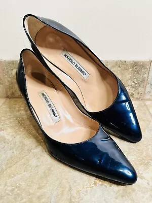 Manolo Blahnik | Navy Patent Leather 3” Heels Pumps Shoes Women’s Size EU 38.5 • $139.95