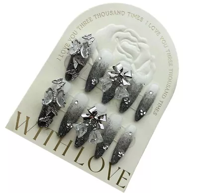 Press On Nails Set 10 Medium Silver Butterfly Sparkle Halloween 3D Gift • $19.99