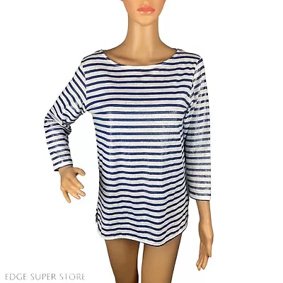 Majestic Blue White Nautical Striped Scoop Neck 3/4 Sleeve T Shirt Top Size 1 • $31.39