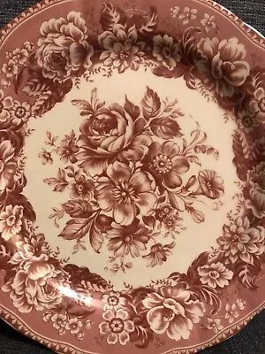 Red Floral Transferware Plate 10  Dusty Rose Pink White Double Lion Mark EUC • $15.99