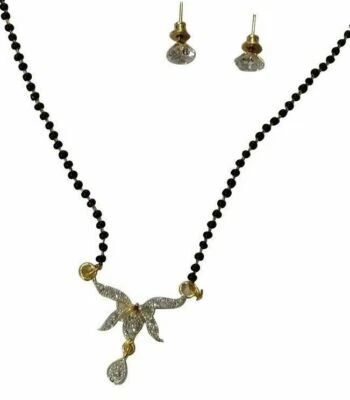 $13.67 • Buy Indian CZ AD Stone Mangalsutra Black Bead 16  Chain Earrings Women Gift Set