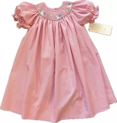 Vive La Fete Smocked Bunny Rabbits Bishop Dress Sz 4 Pink Checked-ships Fast • $24.99