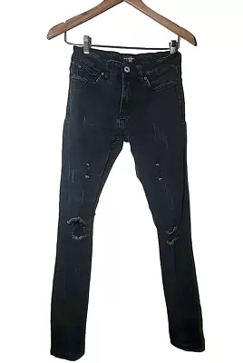 Serenede Jeans Mens 28 Black Fitted Coated Distressed Denim Stretch Skinny • $39.99