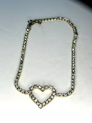 Vintage Silver Tone Continuous Rhinestone Heart Shape Adjustable Anklet • $9.99