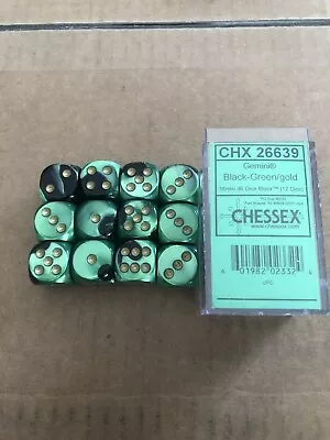 Chessex Dice D6 Sets Gemini Black & Green / Gold 16mm Six Sided Die 12 CHX 26639 • $11.99