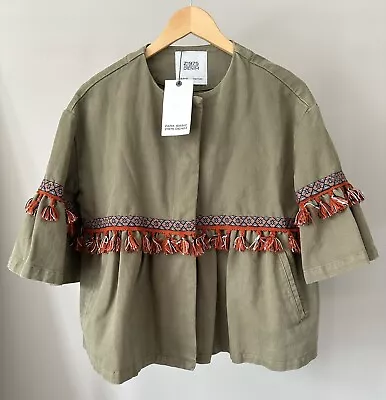 Zara NWT Denim Army Green Cropped Fringe Jacket Size M Tassels Boho Z1975 Coat • $29.99