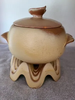 Vintage Desert Gold Frankoma Pottery 4V Bean Pot W/ Lid & Warmer WA1  • $29.99