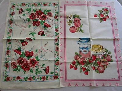 2 Vintage MCM Linen Dish Tea Towels MISTO LINO  FLORAL PEACHES STRAWBERRIES • $29.99