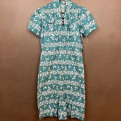 VTG 1940s Teal Floral Hawaiian Print A-Line Dress Bohemian • $125