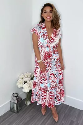 New AX Paris Red Cream And Blue Printed Maxi Smock Autumn Dress Size 8 • £14.99