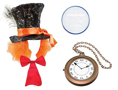 Alice In Wonderland Mad Hatter Style Hat+Bow Tie+FacePaint+ Jumbo Clock Necklace • £17.95