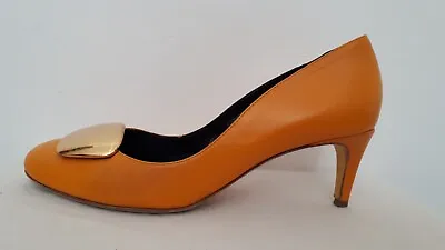 £27 • Buy Rupert Sanderson Shoes Size 4.5 Orange Mid Heel Court With Gold Metal On Toe