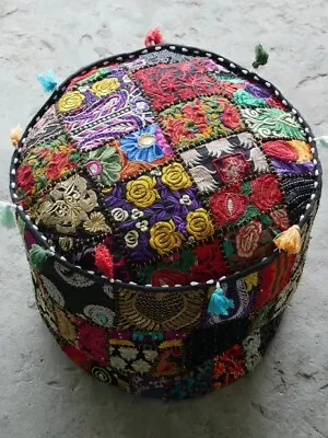 Indian Patchwork Black Round Pouffe Cover Vintage Cotton Footstool Ottoman AU • $32.44