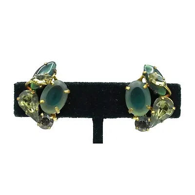 Vintage West Germany Earrings Shades Of Green Rhinestones Blue Signed Jewelry • $39.99