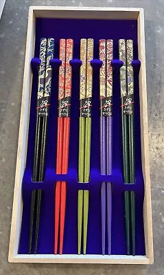 Vintage Set Of 5 Made In Japan Chopsticks Colorful In Wood Box Marui Imai • $42.98