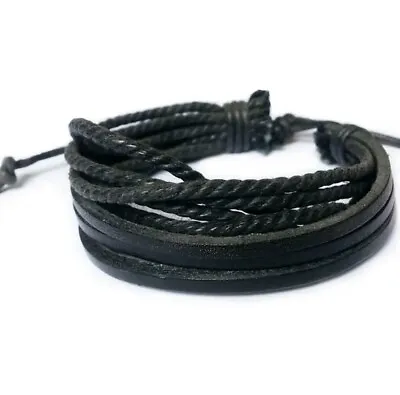 Mens Black Layered Vintage Style Adjustable Vegan Leather Bracelet Wristband • £4.50