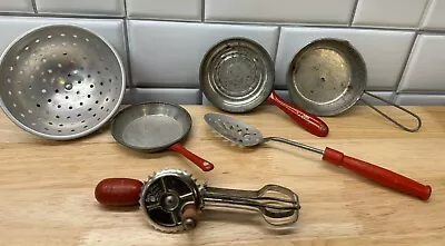 6 Piece Vintage Metal Red Wood Handle Child Toy Kitchen Utensils Skillet Iron • $18.99