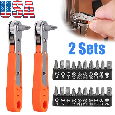 2 X Ratcheting Right Angle Screwdriver Hex Drive 90 Degree Offset+20pc Bits Set • $11.15