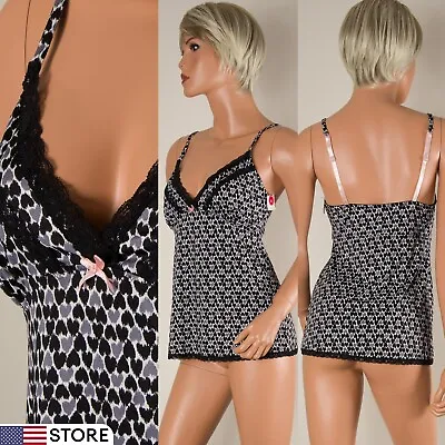 💖 MARYLIN MONROE M Black/Gray Heart Camisole Slip Top Babydoll Stretch Lace NWT • $14.99