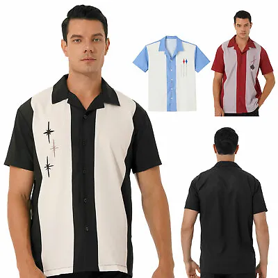 Men's 50s Retro Camp Rockabilly Style Bowling Shirt Short Sleeve Vintage Shirts • £28.12