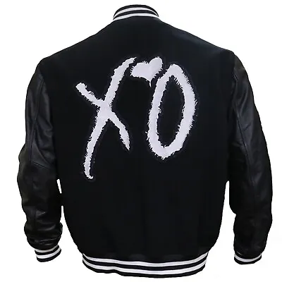 Men's The Weeknd XO Bomber Jacket Black Wool Faux Leather Sleeves Varsity Jacket • $89