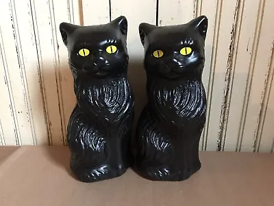 Blow Mold Black Halloween Cat Decorations Spooky Yellow Eyes 11” PAIR • $24.99