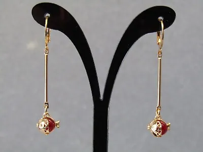 Red Cubic Zirconia Micro Pave Puffy Fish & Gold Bar Huggie Hoop Gold Earrings • $16.85