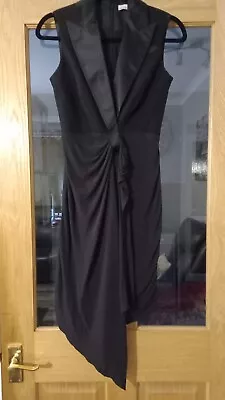 💕KAREN MILLEN Size 6  BLACK TUXEDO STYLE WOOL BLEND & SATIN TRIM WIGGLE DRESS • £30