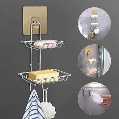 Double Tier Soap Dish Holder Wall Mounted Stainless Steel W/Hook Shower Bathroom • $10.98