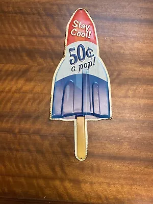 Vintage Style Stay Cool 50 Cents A Pop Metal Embossed Sign Ice Cream Soda Rocket • $15