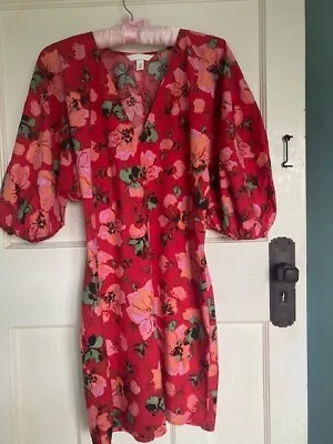 H And M Dress Size S Red Floral Dress Large Sleeves  Preowned VGC • £5