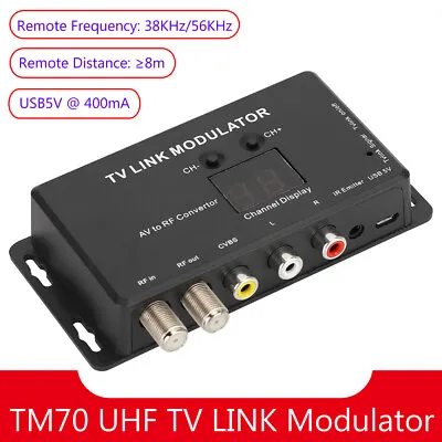 TM70 UHF TV LINK Modulator AV To RF Converter IR Extender With Channel Display • £16.10