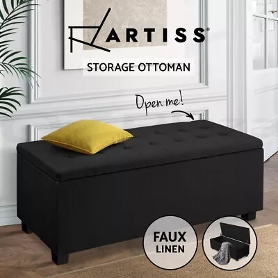 Artiss Storage Ottoman Blanket Box Bench 97cm Linen Chest Foot Stool Black • $109.95